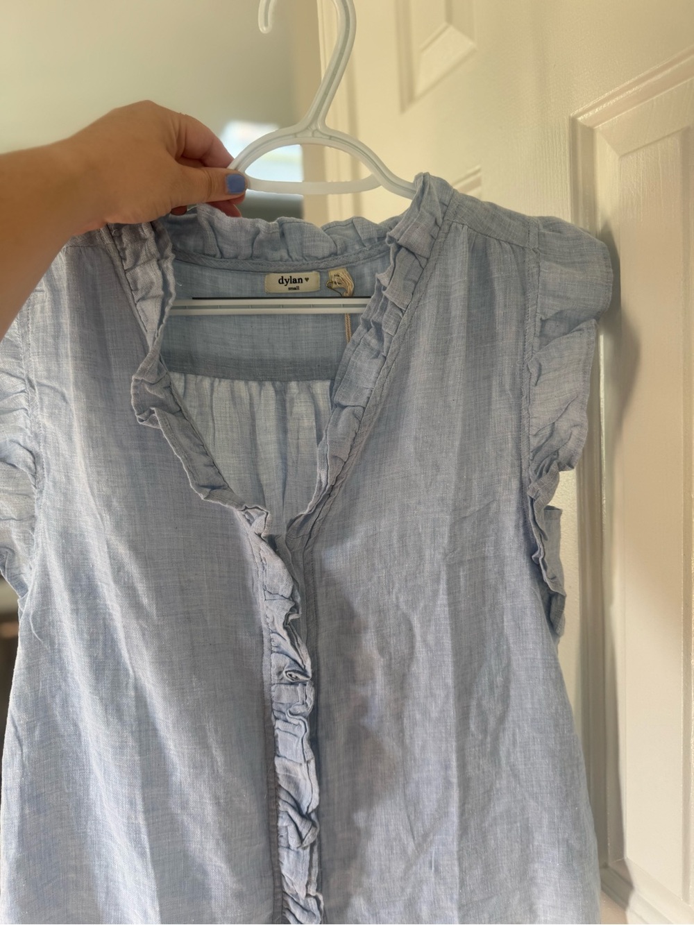 NWT DYLAN  Light Blue Ruffle-Neck Button Blouse-Small